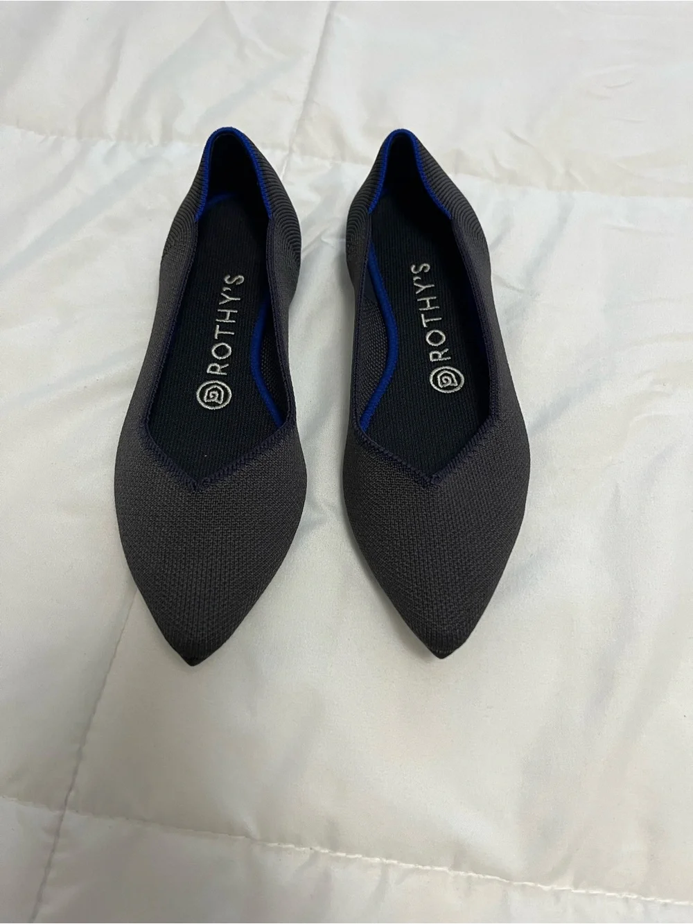 Rothy's Pointed Knit Flats in Charcoal with Blue Trim